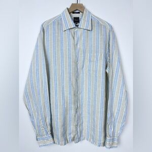 Faconnable Linen Shirt XL Blue Beige Striped Made in Italy